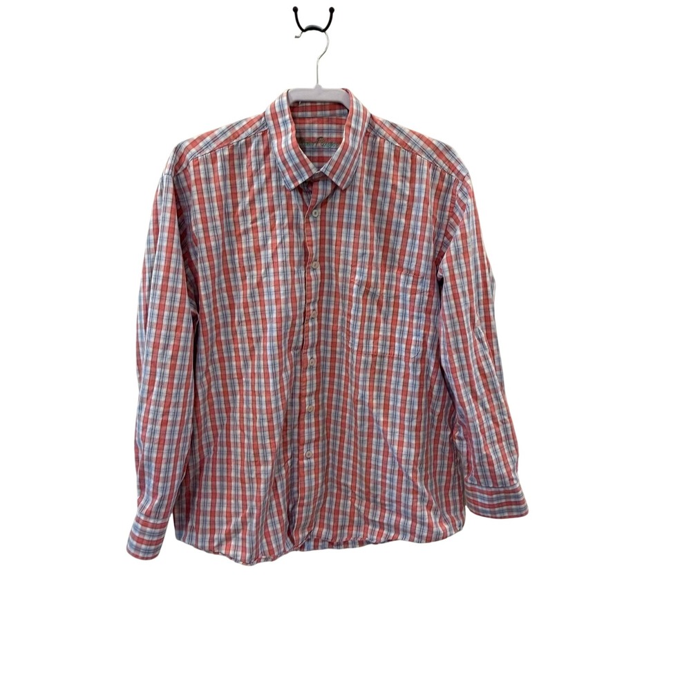 Alan Flusser Plaid Shirt | Coral, Blue & White | 100% Cotton | Size L 🌺